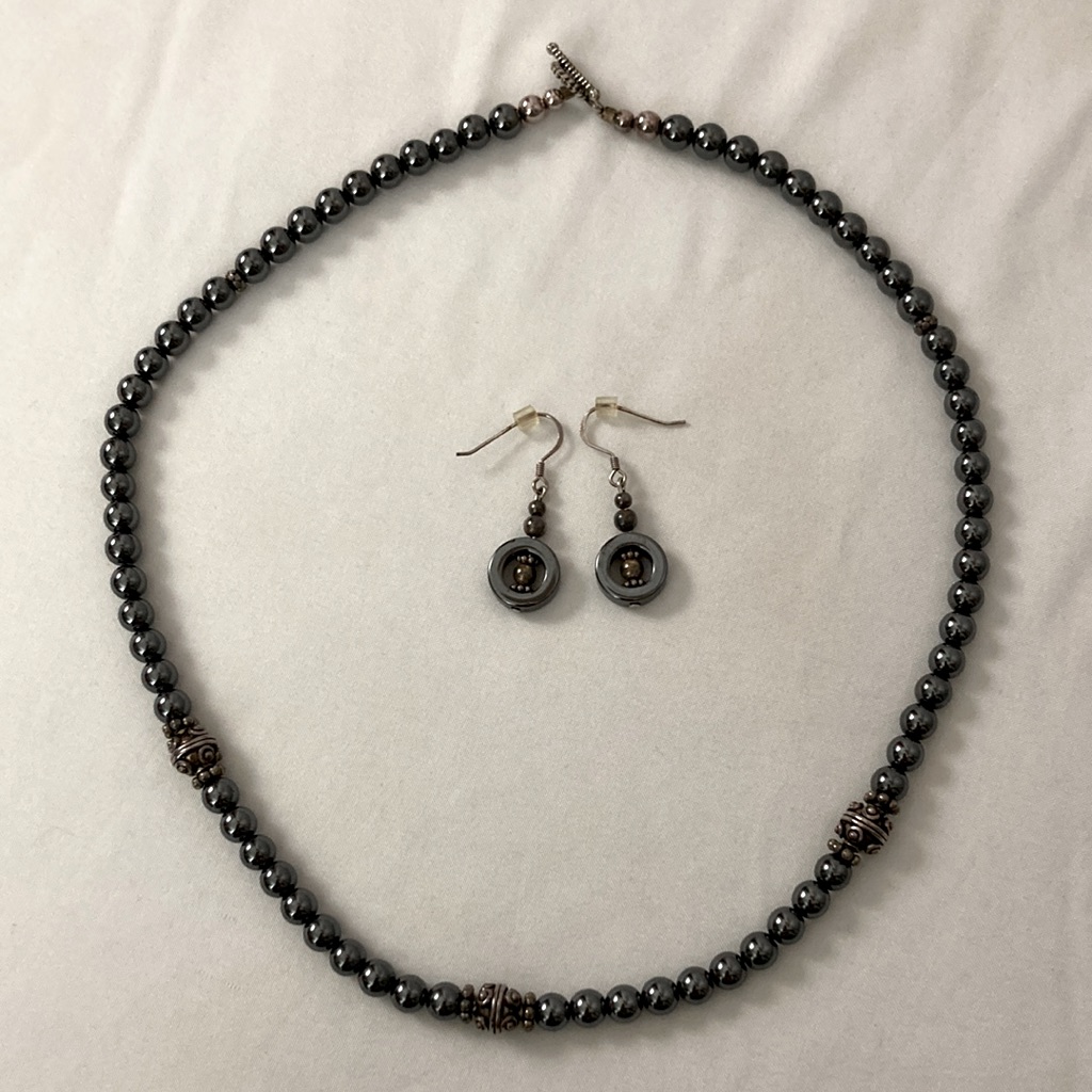 Hematite Beaded Necklace And Earrings Set
